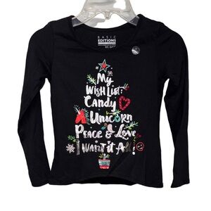 Basic Editions Girls Black Long Sleeve Holiday Graphic Tee Size NWT